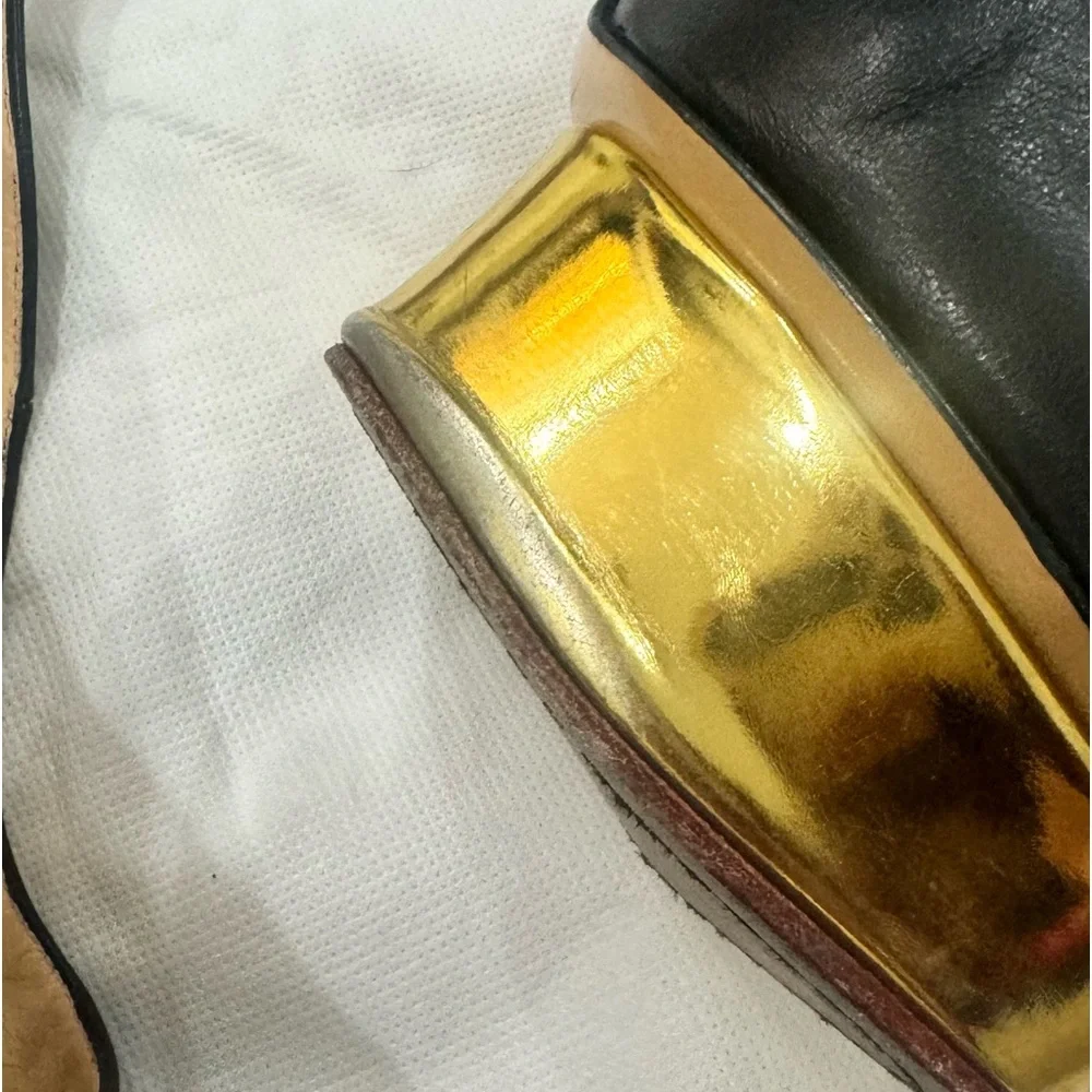 Black Leather DOLLY Gold Platform Slingback Pumps - Picture 4 of 11